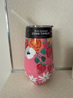 16 oz Insulated Straw Tumbler - Pink Floral & Strawberry